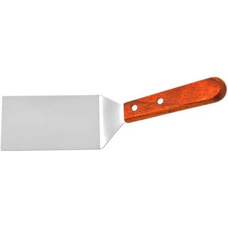 Spatel i rustfrit stål, metalspatler vendeskærer til støbejernspande, BBQ grillplade spatel med træhåndtag, elastisk hulske