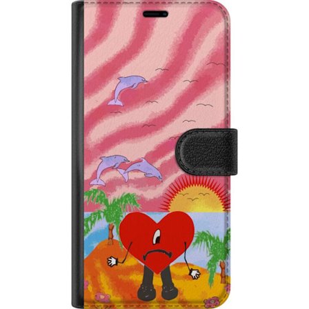 Kompatibel Tegnebogsetui til Motorola Moto G05 Bad Bunny i en farverig quiltet jakke med hjertemønster og solbriller i moderne gade stil