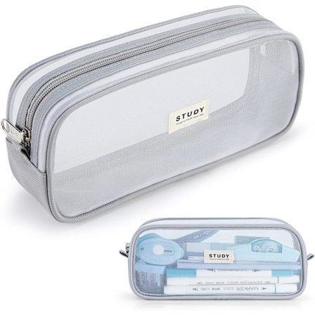 Gennemsigtigt penalhus Stor penal Skriveartikler Taske Kosmetiktaske Makeup taske til studerende Skole College Kontor Grå