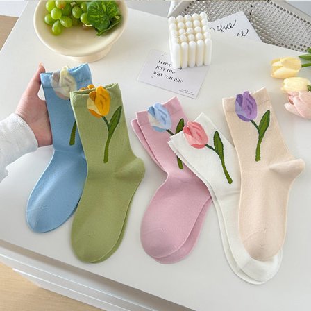 Benfria strumpor, tredimensionella tulpanstrumpor för barn, damstrumpor i kammad bomull, kollektion för alla fyra årstider