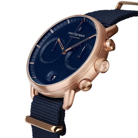 Nordgreen Men's Minimalistist Large Wrist Watch Watch - Rose Gold Case - Navy Dial - Navy Nylon Watch Strap Pioneer White Dial Chronograph