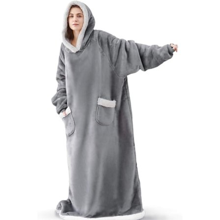 Extra lång huvtröja filt kvinnor överdimensionerad bärbar filt mysig mjuk bekväm Sherpa fleece jätte bärbar huvtröja filt tröja (ljusgrå)