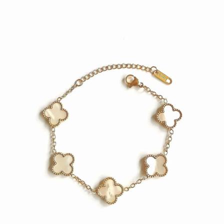 Fyraklöverarmband - 18k guldpläterat rostfritt stål, dubbelsidigt, eftermarknad white