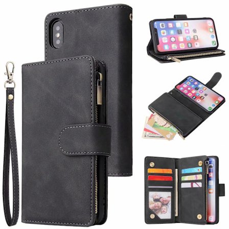 Fodral för Samsung S22 ULTRA svart Läder Multi-Carat Dragkedja Plånbok Multi-Funktion Kortplats