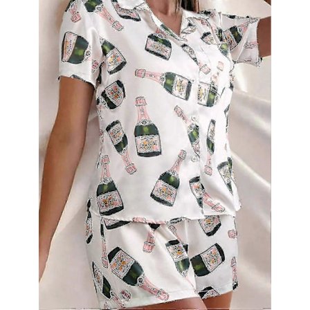 Champagne Bottle Pajamas Set Women Printed Short Sleeve 2 Piece Soft Loose Casual Sleepwear
