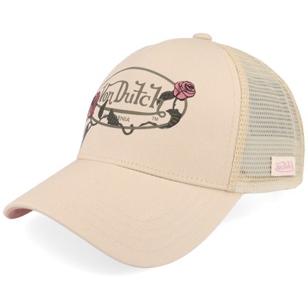 Von Dutch - Screen Print Khaki/Pink Trucker Trucker Beige Cap - @ Hatstore
