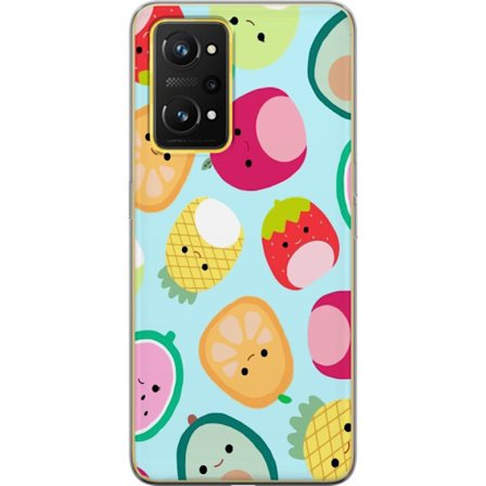 Kompatibel Mobilcover til Realme GT Neo 3T Mønster af kawaii frugter som jordbær citron ananas og avocado på lyseblå baggrund