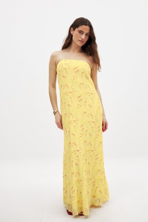 NA-KD Maxi-Tube-Kleid mit Plissee - Trägerlose Kleider - GelbFlower - XS (EU 32)