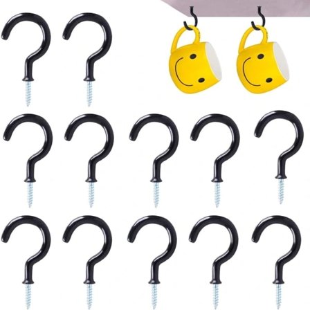 Tak kroker, 12 stk kraftige skruekroker i plastbelagte koppkroker, 2" skruekroker, kroker for oppheng av kopp, plante, krus - svart