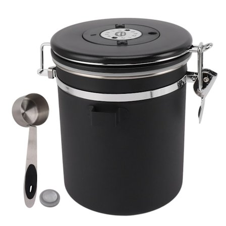 1,5 litran kahvipurkki kahvisäiliö kauhalla päivämääräseuranta ruostumaton teräs monipuolinen ilmatiivis elintarvikesäiliö keittiöön musta