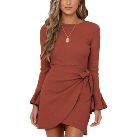 Vidde Kjole med Lang Erme, Sløyfe og Belte, Rund Hals, Slank Passform, Bodycon, Waffle-Strikket, Høy Midje, Midi-Lengde, Festkjole, Murrød, Størrelse 