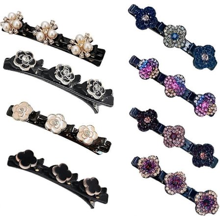 Hårklemme med tre blomster, Hårklemme til kvinder, Hårbånd i satinstof, Hårklemmer med funklende krystalsten, 8 stk.