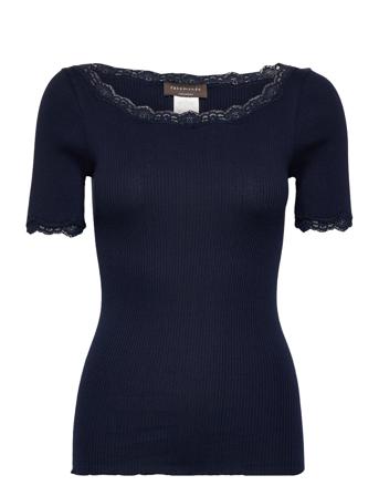 Organic T-Shirt W/ Lace T-shirts & Tops Short-sleeved Navy Rosemunde