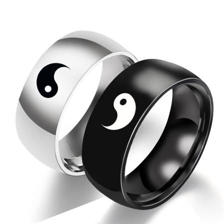 Yin Yang Parring - Tai Chi Symbol Ring til Mænd og Kvinder i Titanium Stål Håndsmykker Sort Sølv(STØRRELSE:8)Paijie Bagua