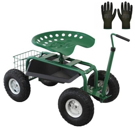 Grønt mobilt robust havesæde med kurv og GRATIS værktøjskasse & handsker