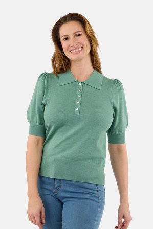 JENSEN - Kortærmet Strik Polo - Grøn - Pufærmer