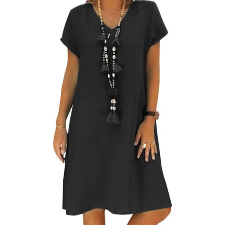 Damekjole Sommer Linskjoler Casual V-hals Midi Kjole Kort Erm A-linje Kjole Sommerkjole Tunikakjole Uten Tilbehør (Halskjede ikke inkludert)