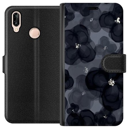 Kompatibel Tegnebogsetui til Huawei Huawei P20 lite Abstrakt mørkt blomstermønster i sortgrå toner med en elegant og dramatisk følelse