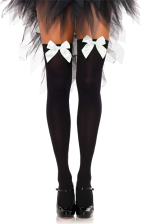 Nylon Thigh Highs With Bow Black/White O/S Sukkahousut