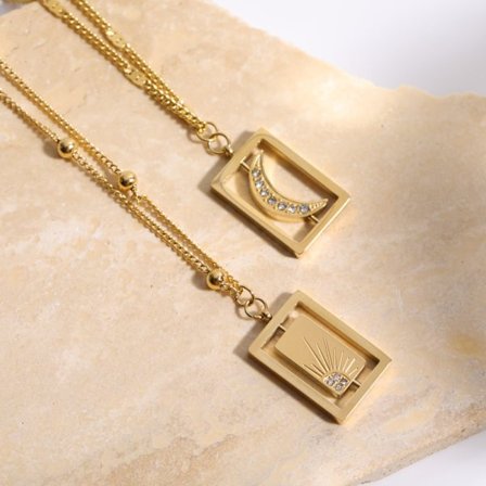 Måne Sol Fyrkantig Hänge Halsband-2pack