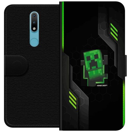 Kompatibelt Plånboksfodral till Nokia Nokia 2.4 Grön pixelbaserad creeperliknande spelillustration med futuriska neoninslag och mörk techbakgrund p