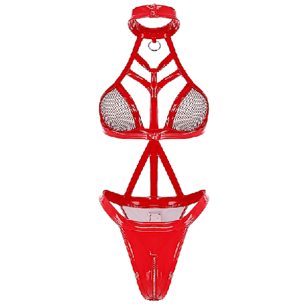 Otwoo Dame Våd Look Laklæder Lingerie Bodysuit Halter Hals Fiskegarn Kopper Lynlås Skridt Højtsnittet Thong Leotards til Klub