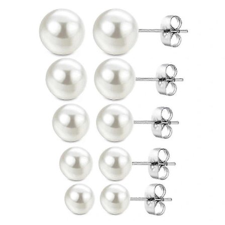 5 Par Perleøreringe 925 Sølv Perler Hvide Perleøreringe Dameøreringe Øreringe til Kvinder Hvide Ferskvands Perler Øreringe Smykker (3-7mm