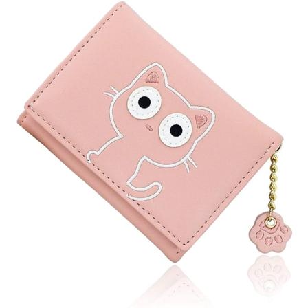 Plånbok Dam Liten Söt Katt Grafisk Slim Läder Tri-Fold Flicka Plånbok - Rosa