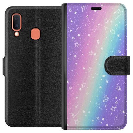 Kompatibelt Lommeboketui til Samsung Galaxy A20e Rainbow-farget pastellbakgrunn med hvite stjerner og gnistrende prikker i myk overgang