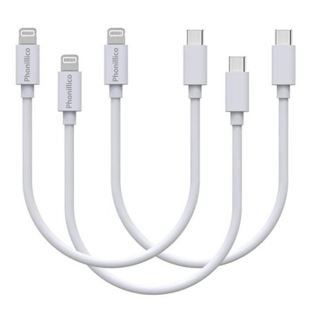 Lot 3 Kablar 20 cm USB-C Lightning Laddare Vit för iPhone X/XS/XS MAX/XR/7/7 PLUS/8/8 PLUS/6/6S/6PLUS/5/5S/SE/AirPods Phonillico