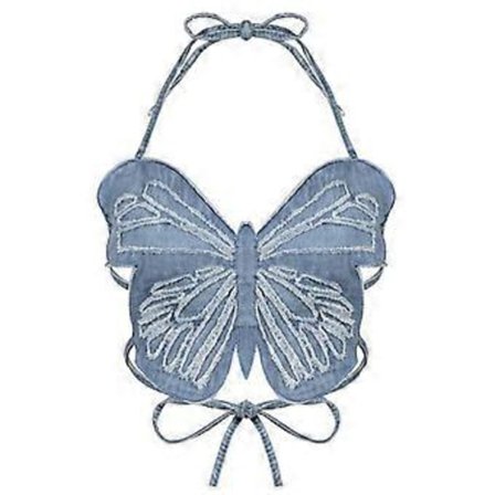 Y2K Sommerfugle Jeans Crop Top Rygløs Strop Sexet Blå Sød Fest Sweatshirts Kvinder Strand Ferie Mini Vest Sommer T-shirt Koreansk Mode (S)