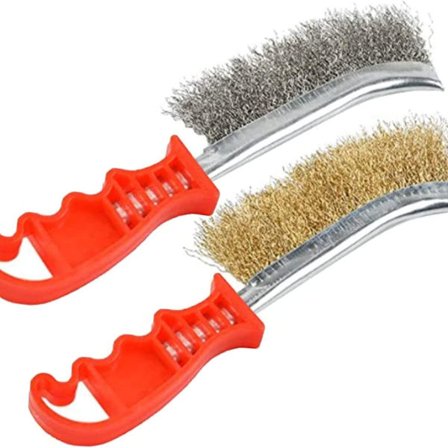 2 kappaleen teräsharjasarja, messinki, metalli, 1 ruostumattomasta teräksestä valmistettu harja, 1 messinkinen harja, hopea