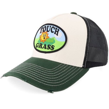 Iconic - Vit trucker Keps - Touch Grass Distressed Off White/Black/Green Pigment Washed A-frame Trucker @ Hatstore