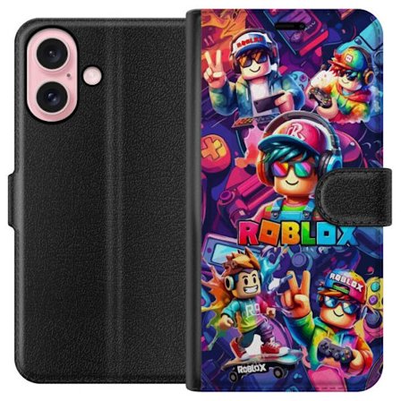 Kompatibel Tegnebogsetui til Apple Apple iPhone 16 Farverig Roblox gaming gruppe med hovedtelefoner, controllere og neonfarver perfekt til børn og ga