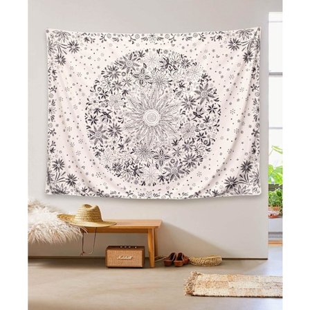 Boheme Vægtæppe, Beige Hvidt Blomstertæppe med Prikket Medaljon Tusindfryd Print Soveværelse Boho Hippie Boligindretning, 150 × 200 cm