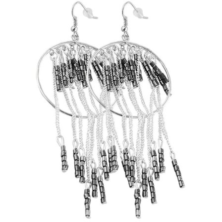 Långa Retro Silver Örhängen med Ringar, Grå Pärlor & Kedjor