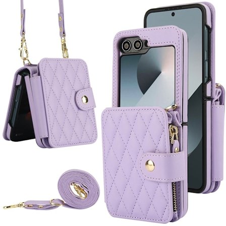 Fodral för Samsung Galaxy Z Flip 6, med plånboksfodral i läder med rem (Ljuslila)