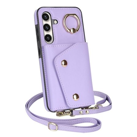 Etui til iPhone 15 6.1 lilla crossbody multi-kort ring moderigtig multi-funktion kortholder