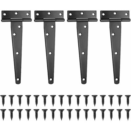 Set med 4 T-gångjärn, svart ladugårdsdörrsgångjärn, dörrgångjärn, rostfritt platt gångjärn för grindar, skjul, garderob - 6 tum
