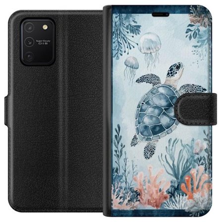 Kompatibelt Lommeboketui til Samsung Galaxy S10 Lite Akvarellmaleri av en havskilpadde blant koraller og maneter i et fredelig blått undervannsverden