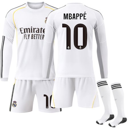 2025-2026 Real Madrid Hjemme Langermet Fotballdrakt Sett Nr. 10 Mbappe