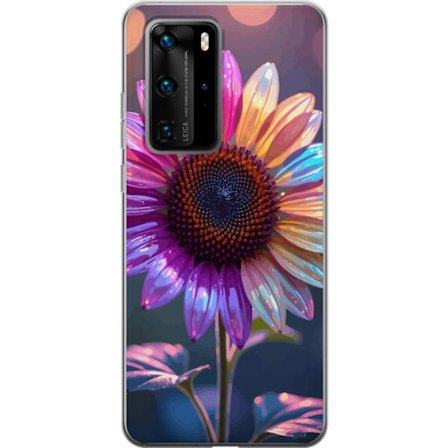 Kompatibelt Mobildeksel til Huawei P40 Pro Irideserende blomst med glitrende kronblad i rosa lilla og gull mot myk bokeh bakgrunn