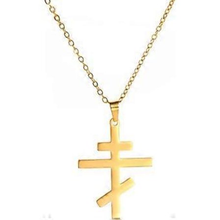 Gullfarget ortodoks korsanheng i rustfritt stål, klassisk korsanheng, russisk-ortodoks amulett, religiøst smykke