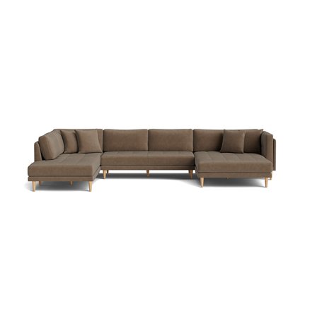 Cali U-sofa, højrevendt - Ontario Brun - 374x220x76cm med dobbelt chaiselong & bøgetræsben - Inkl. 4 pyntepuder - Stor Brun U-sofa til stuen