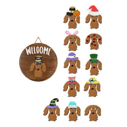 Metsästäjän tervetulotoivotus -kyltti etuovelle, rustiikkiset pyöreät puukranssi, mäyräkoira, seinälle ripustettava sisustus