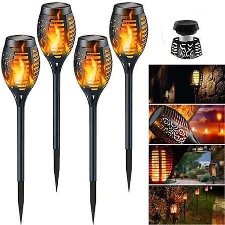 Solcellslampor med flimrande lågor, 12 LED solfacklor med flimrande lågor, vattentäta solceller, 4-pack