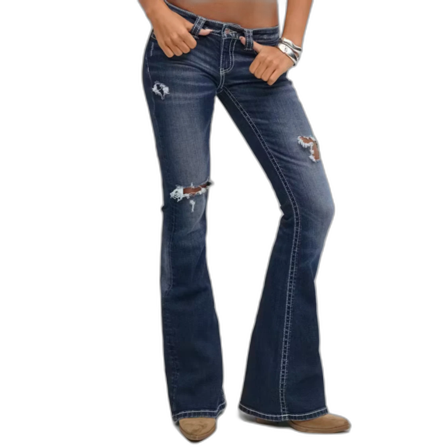 Mörkblå bootcut jeans med slitningar