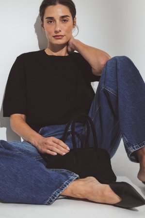 Premium Selection kurzärmeliges Strickoberteil aus Wolle - Premiumqualität - Schwarz - S