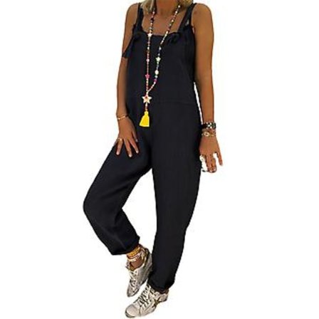 Dame Sommer Forår Casual Løse Lange Bib Bukser Jumpsuits Baggy Bomuld Hør Look Rompers Overalls Bukser Plus Size (S Sort)