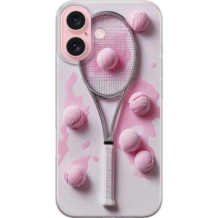 Kompatibel Mobilcover til Apple Apple iPhone 16 Rosa glaskugler og tennisketsjer i et kreativt stillbillede med legende popfølelse og moderne design,
